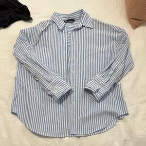 Zara Women's Blue and White Striped Button Down Shirt